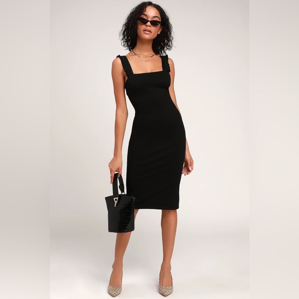 NWT Lulu’s Persuasion Black Ruffled Bodycon Midi Dress